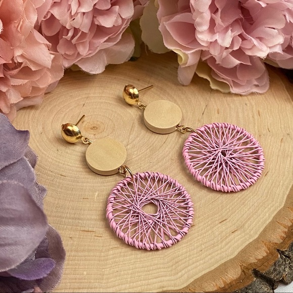 Boho Wood Woven Pink Dream Catcher Earrings - Picture 3 of 14